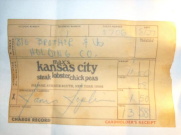 Photo of JANIS JOPLIN's signed receipt from MAX's in August of 1968!