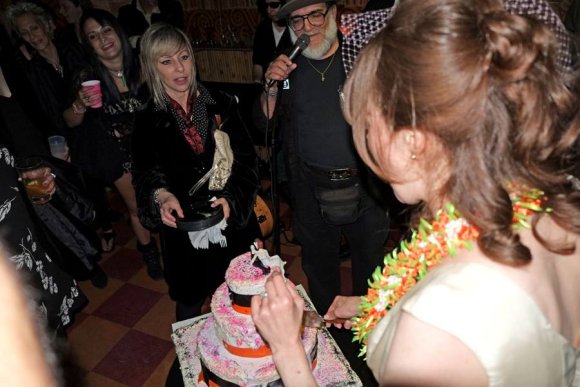 JANIS SHAW (CRAYOLAS), CHEALSEA, CYNTHIA ROSS (B GIRLS, NY JUNK) and Mr. WOOD watch as CHRISTA cuts the cake!