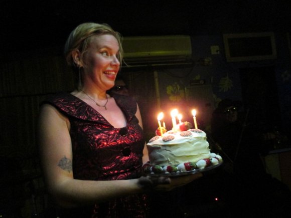 EMMA seems excited (or scared) with the cake!